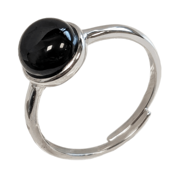 925 Silver Ring Adjustable Round Black Tourmaline A 8mm