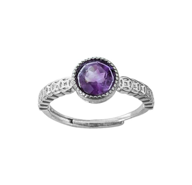 Round Faceted Amethyst AA Adjustable White Copper Ring