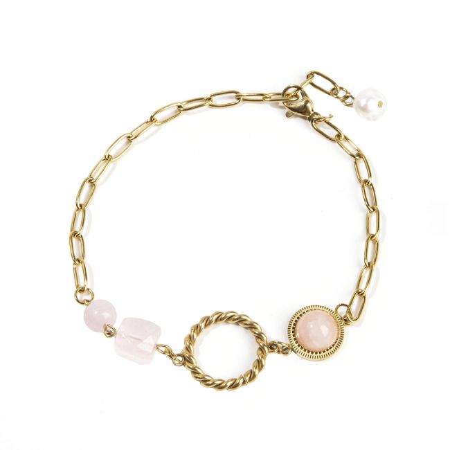 Rose Quartz Bracelet With Faceted Cube in Gold Stainless Steel 23cm