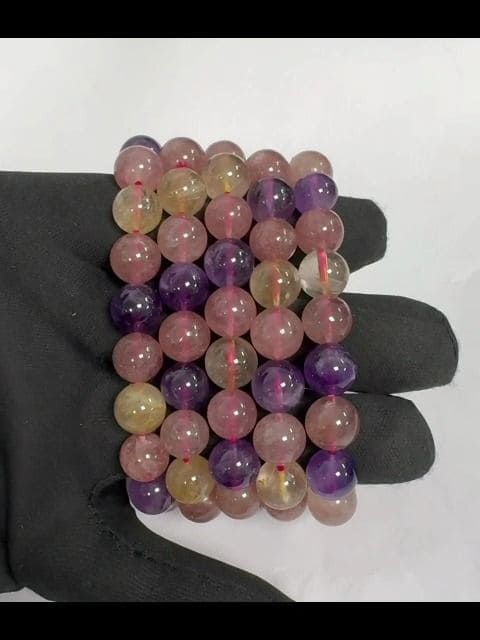 Bracelet Amethyst Rutilated Quartz Strawberry Quartz A beads 10mm